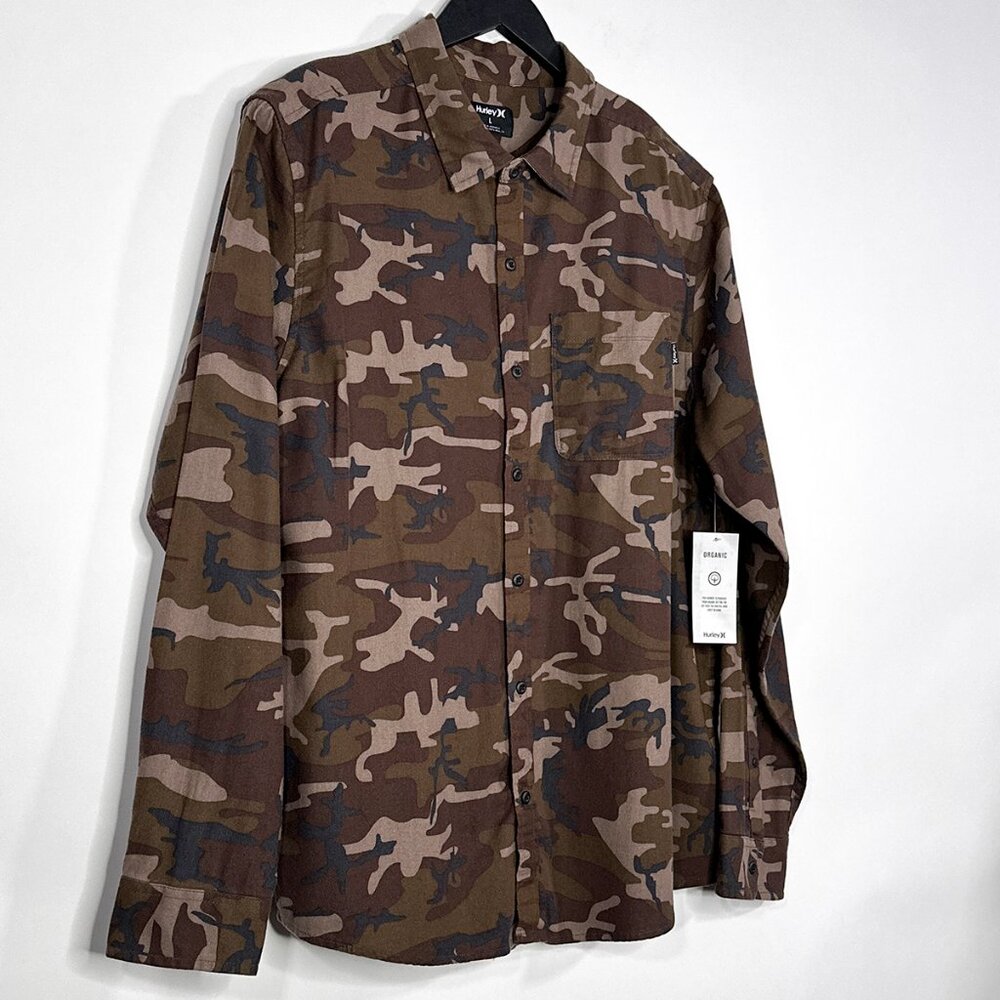 NWT‎ Hurley Portland Organic Flannel Brown Camo Long Sleeve Shirt Size L